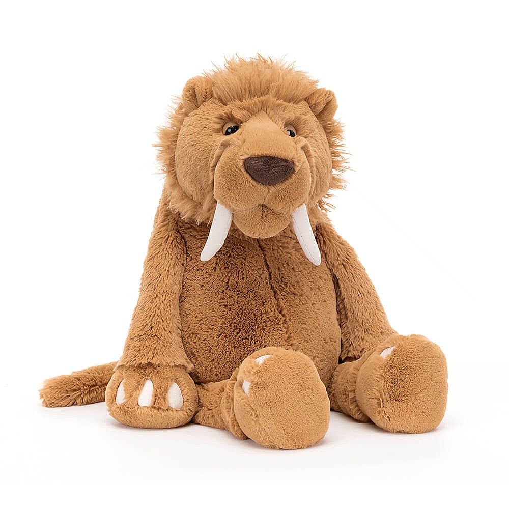 jellycat sabre tooth tiger  has toffee coloured fur and 2 long teeth