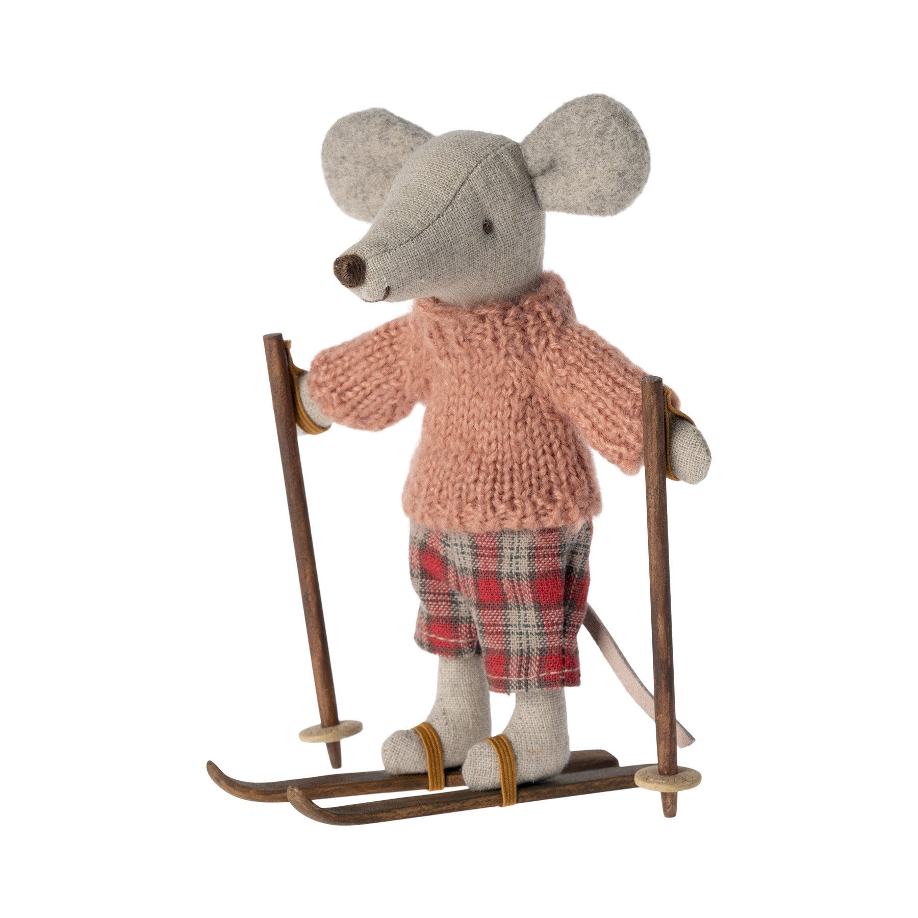 maileg big sister mouse dressed in a coral jumper, check trousers, standing on wooden skis, holding ski poles