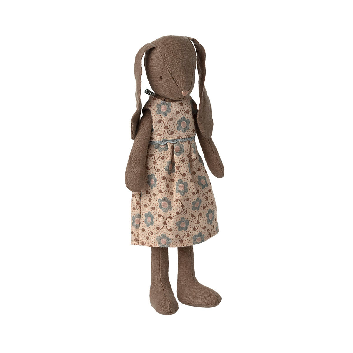 maileg brown bunny in a cream dress with blue flowers