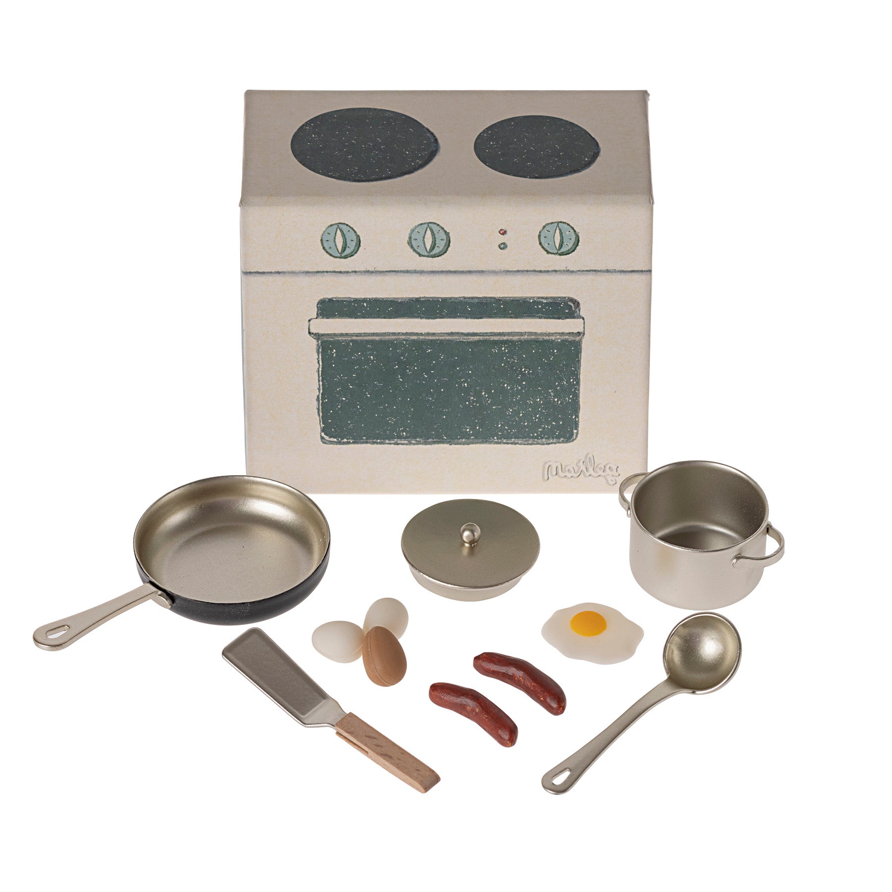 maileg cooking set with utensils, sausages, fried egg and eggs