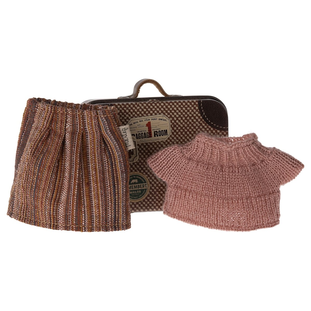 Maileg Knitted Blouse and Skirt in Suitcase, Grandma Mouse - I Want That Present