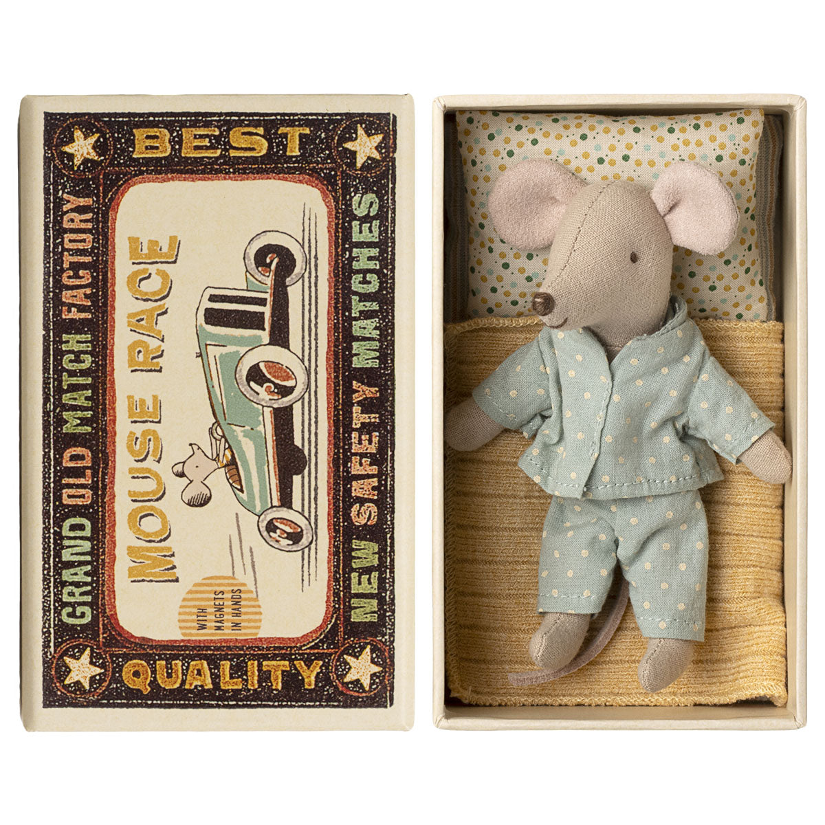 Maileg Little brother Mouse in PJs in a matchbox