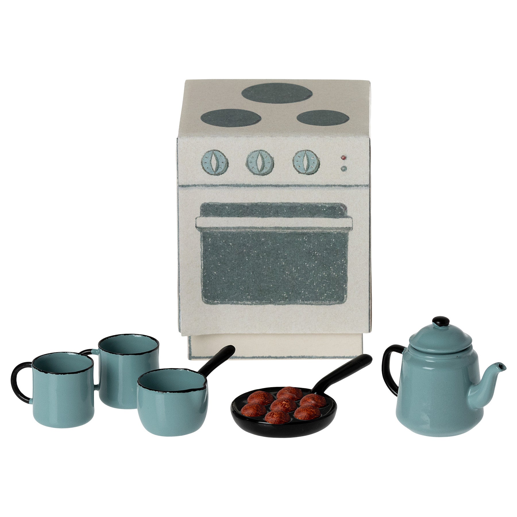 maileg little stove with blue metal cups, a milk pan and a teapot