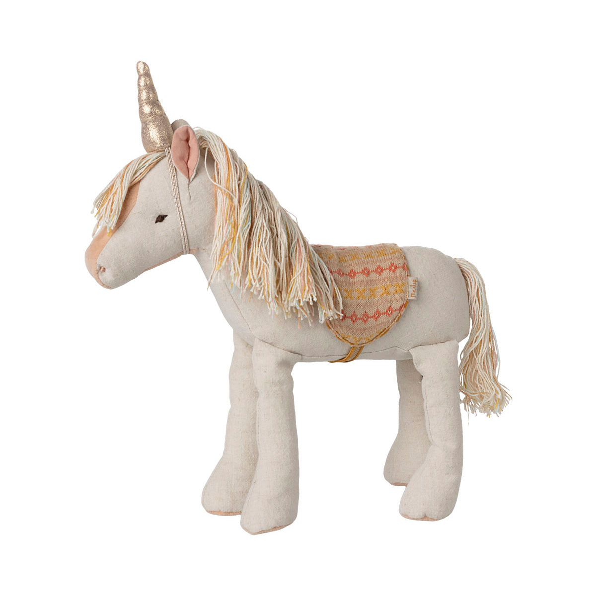 maileg unicorn standing with a gold horn and a colourful saddle