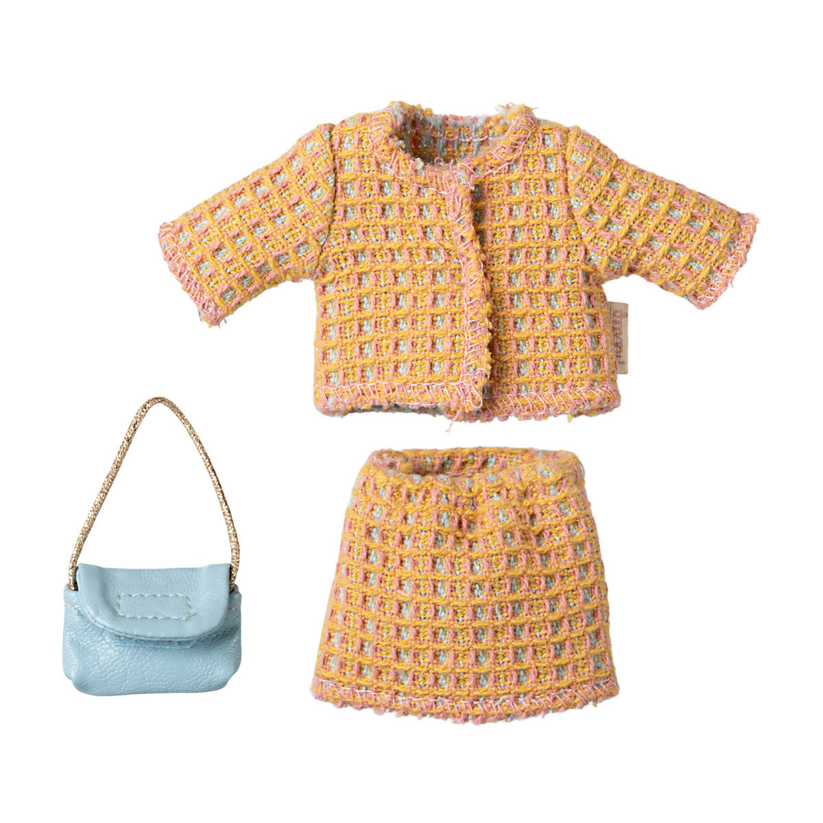 2 piece yellow suit with a blue handbag for maileg mum mouse