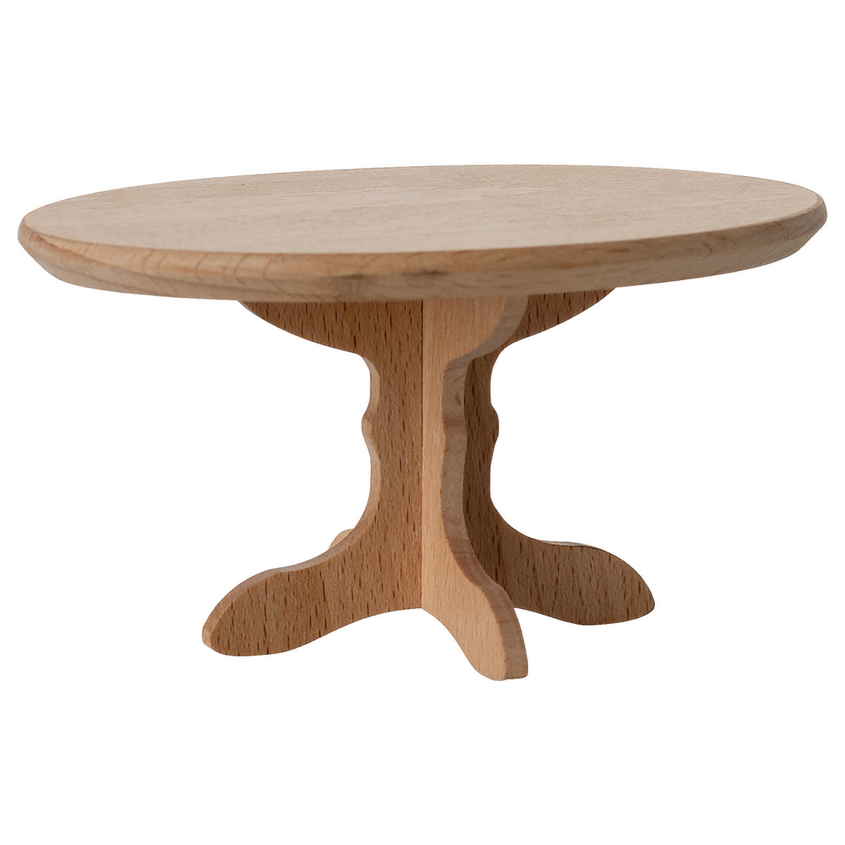 childrens dollshouse Wooden round table with a pedestal base on a white background