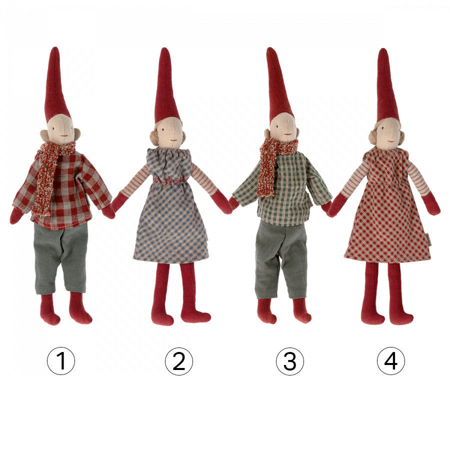 maileg pixies, 2 girls and 2 boys with little red hats