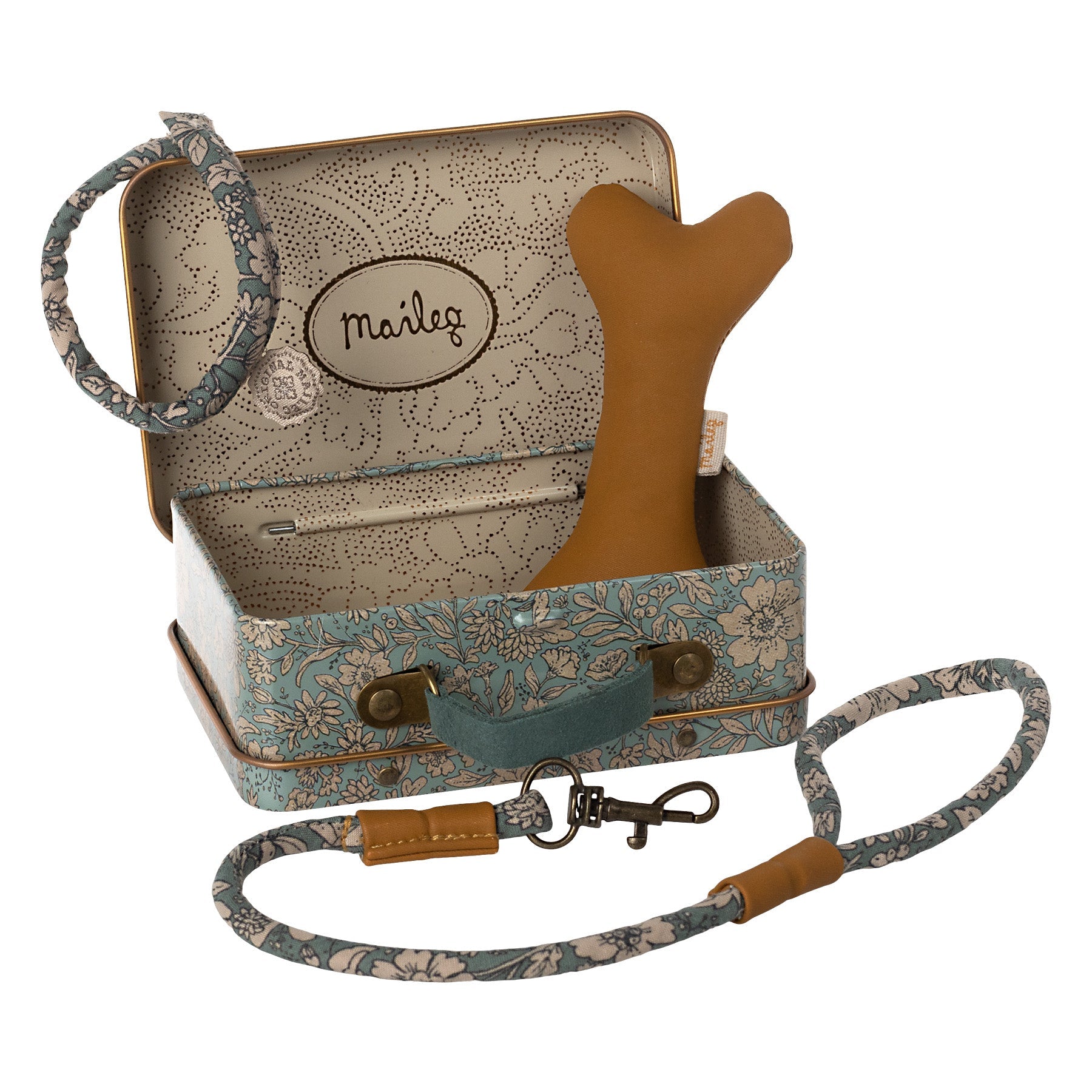 maileg little metal case in blue full of plush dog accessories - a collar, lead and bone