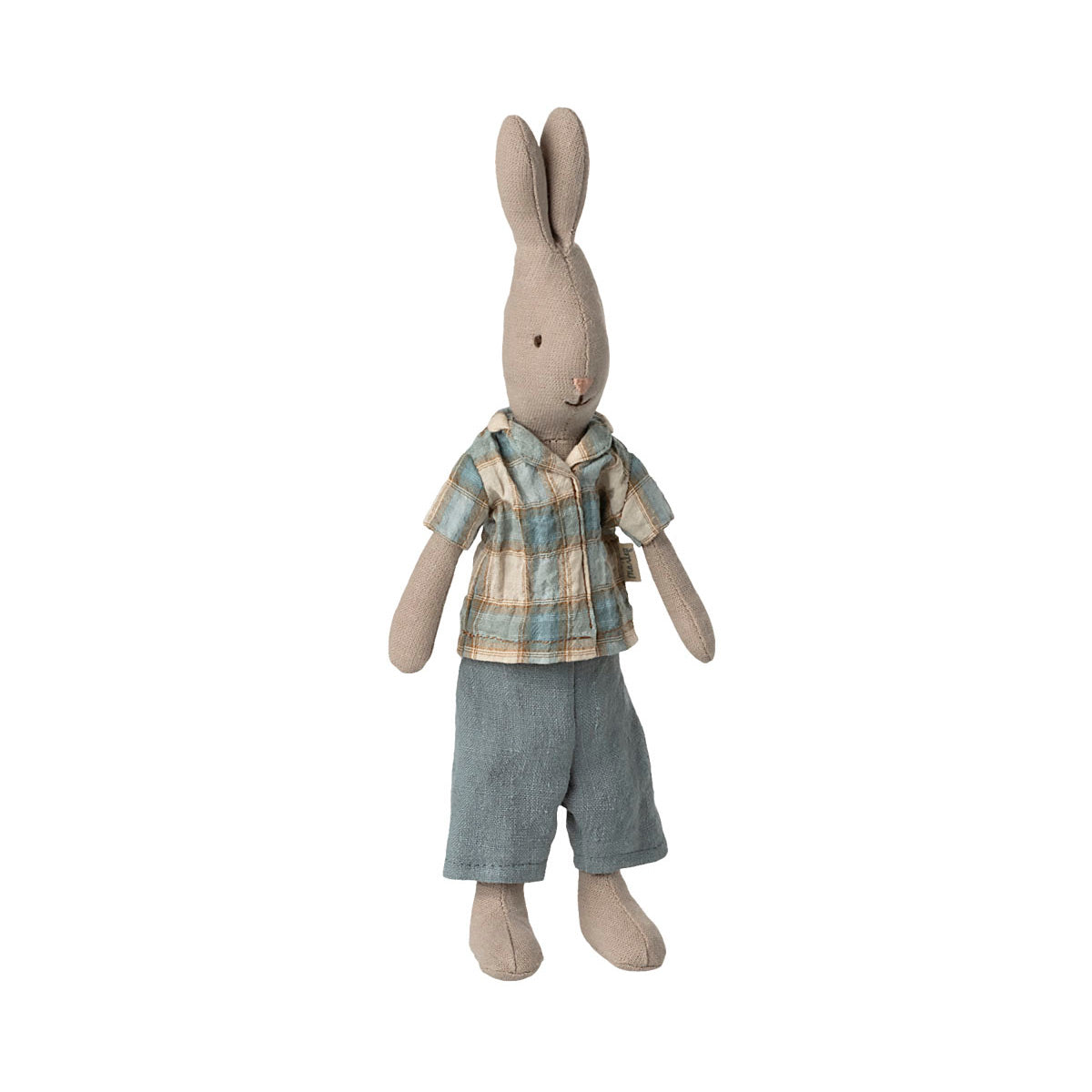 maileg rabbit with blue check shirt and denim shorts