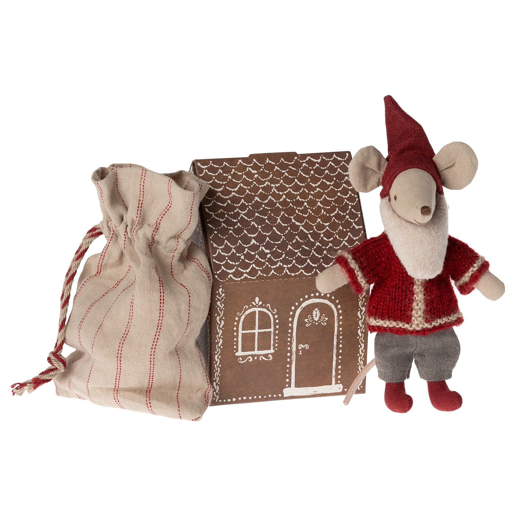 maileg mouse dressed as santa with sack and gingerbread house box