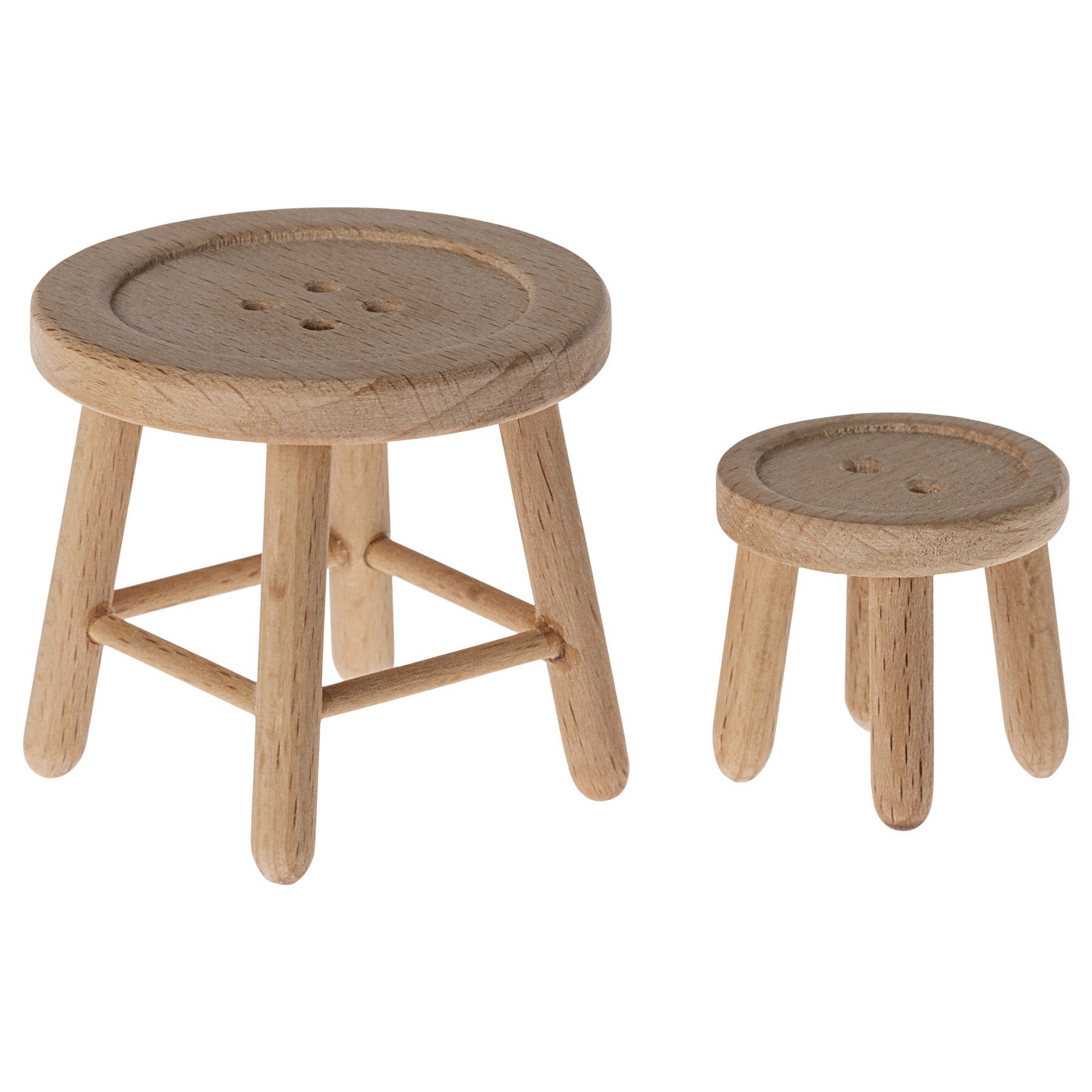 maileg wooden stool and table, the table and stool top look like wooden buttons