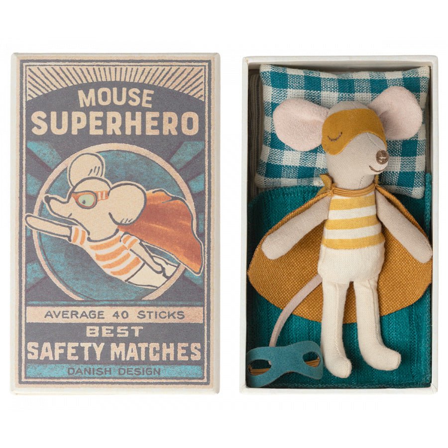 Maileg Superhero Mouse in a Matchbox, Little Brother - I Want That Present