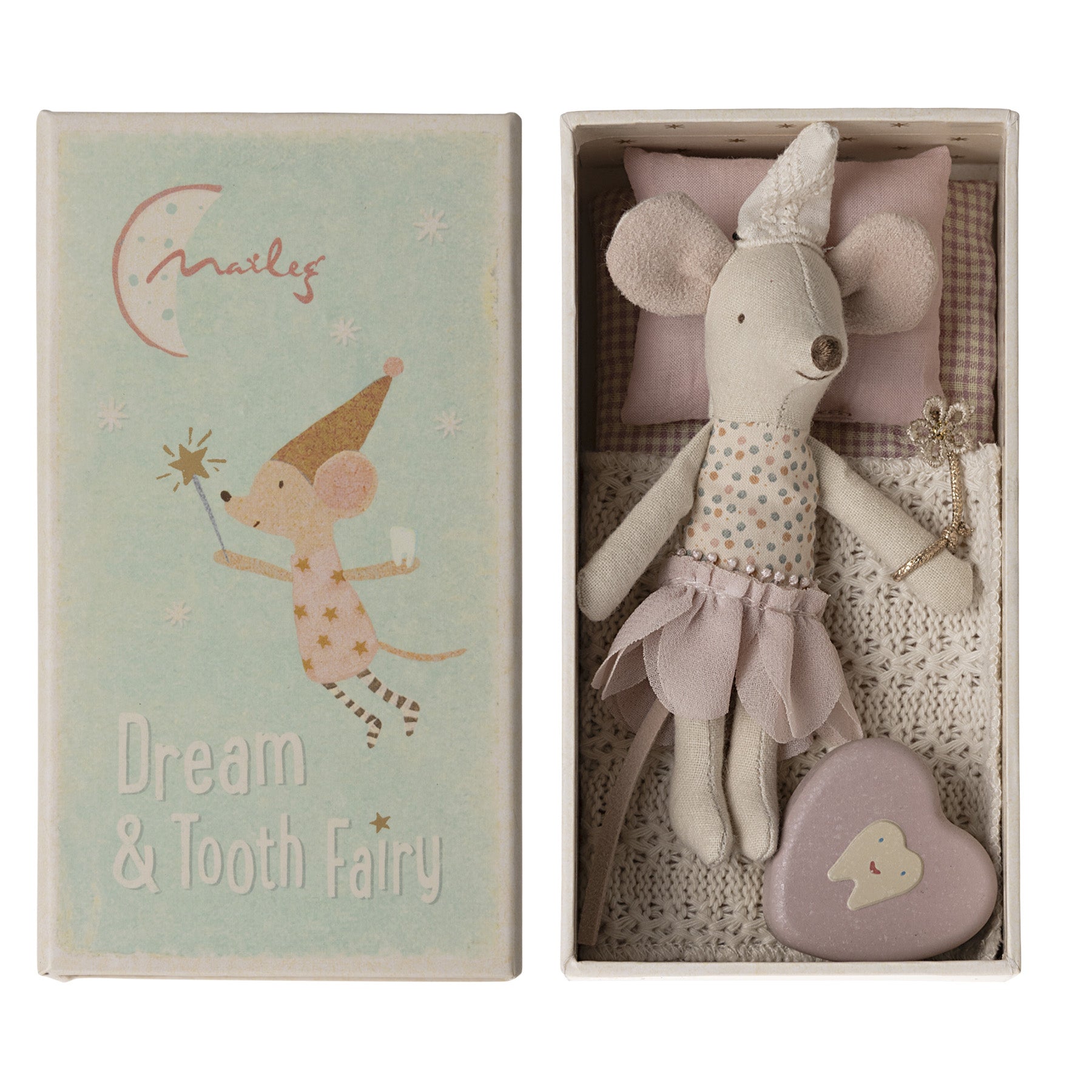 maileg little sister mouse is laying in her matchbox bed with a pink toothbox