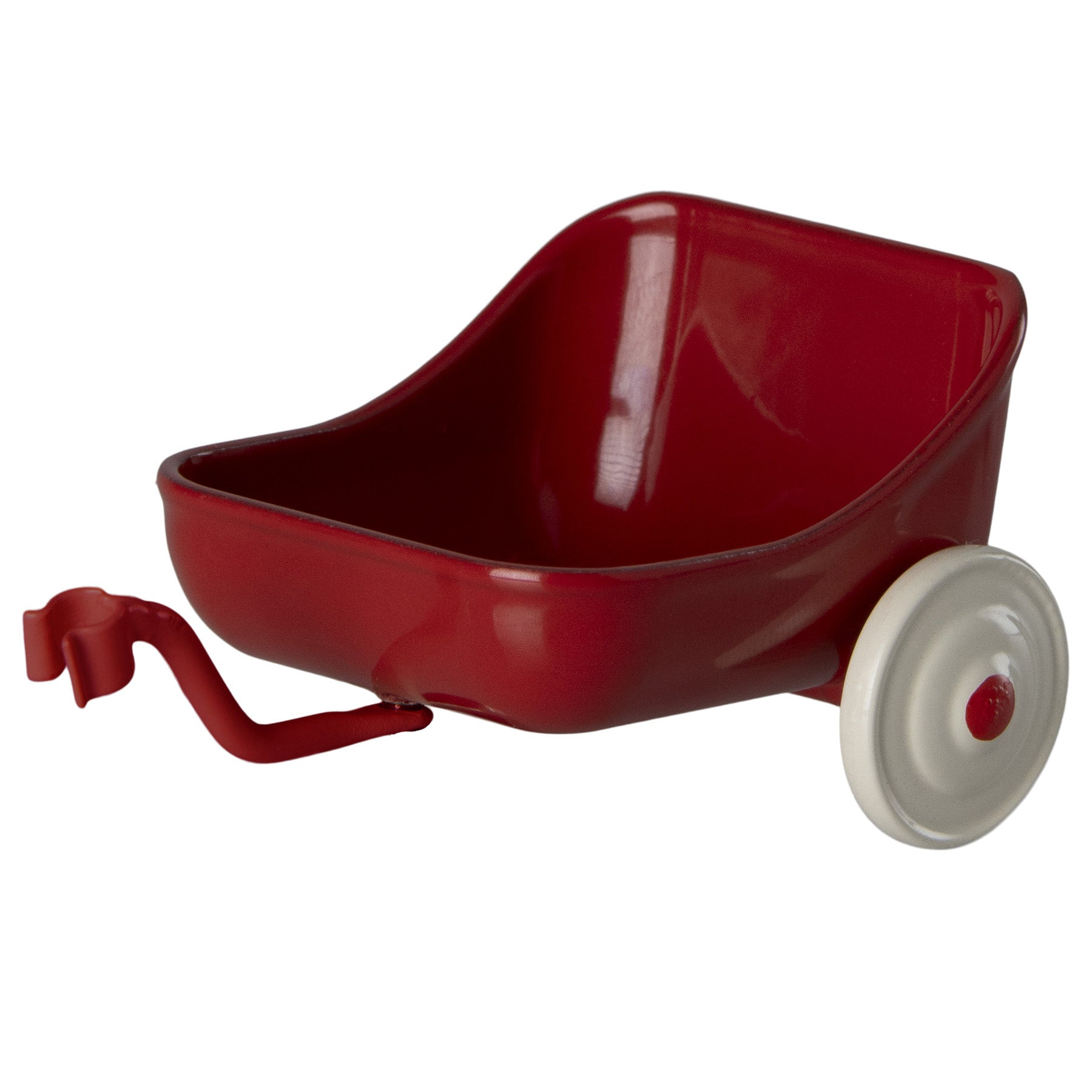 maileg red tricycle trailer with white wheels.