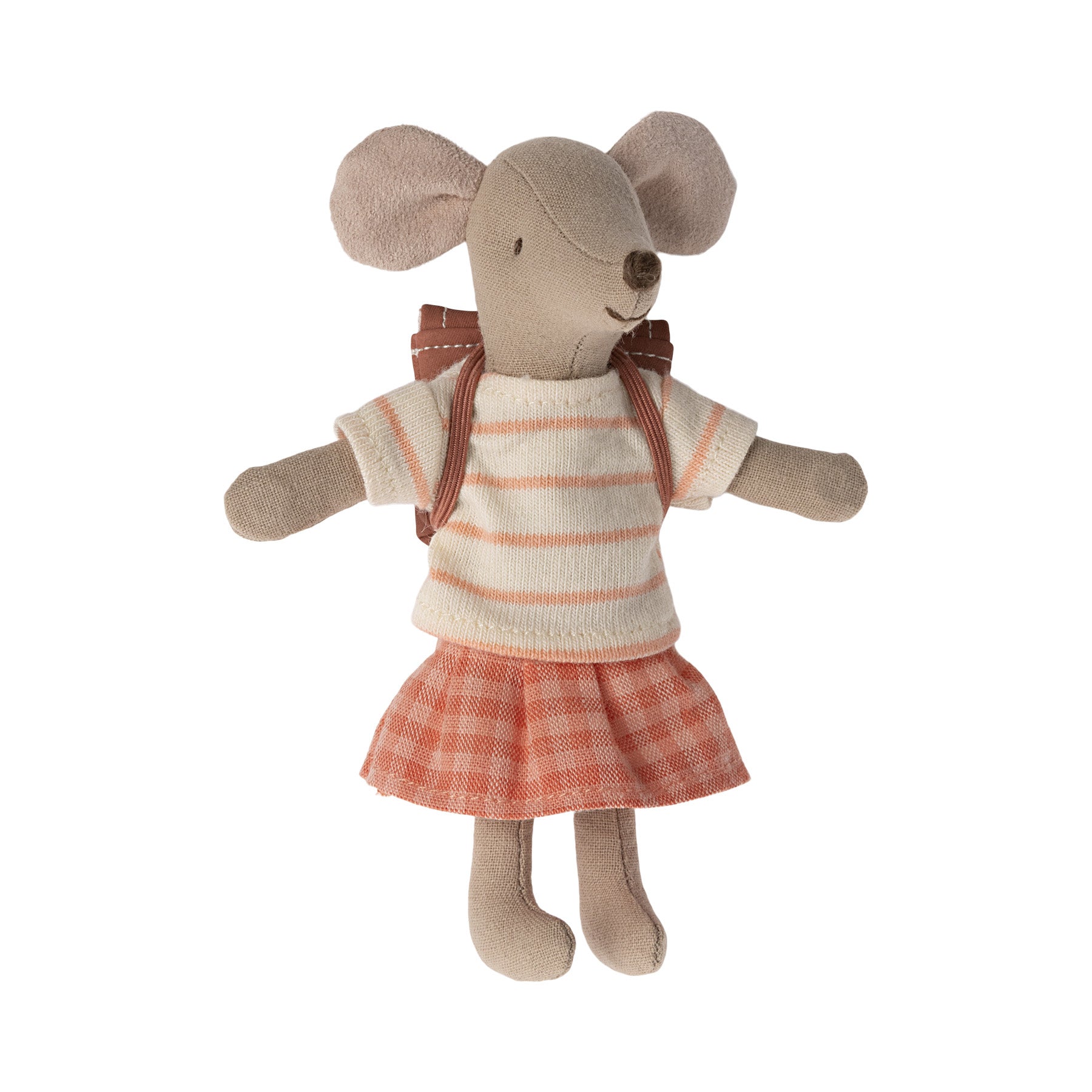 maileg tricycle mouse with a stripe top and peach check skirt, carriying a rose coloured rucksack