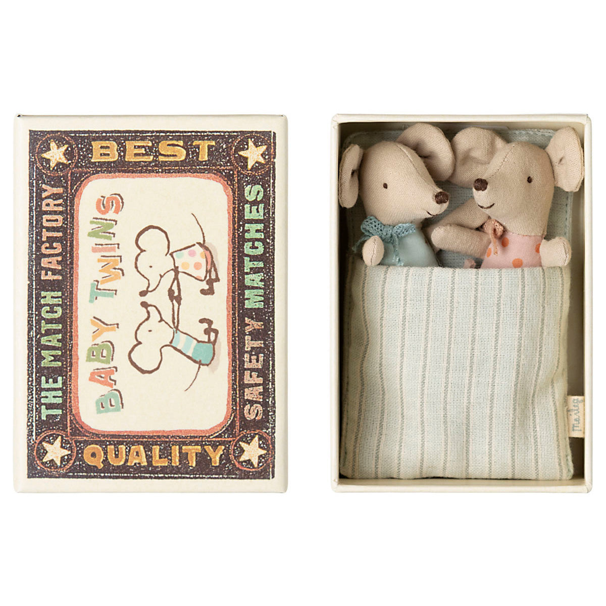 two maileg baby mice tucked up together in a matchbox
