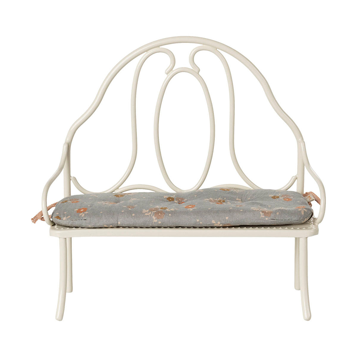 maileg white bench with a blue cushion