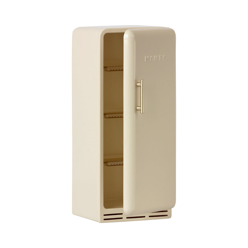 maileg cream coloured metal fridge with opening door and shelves inside