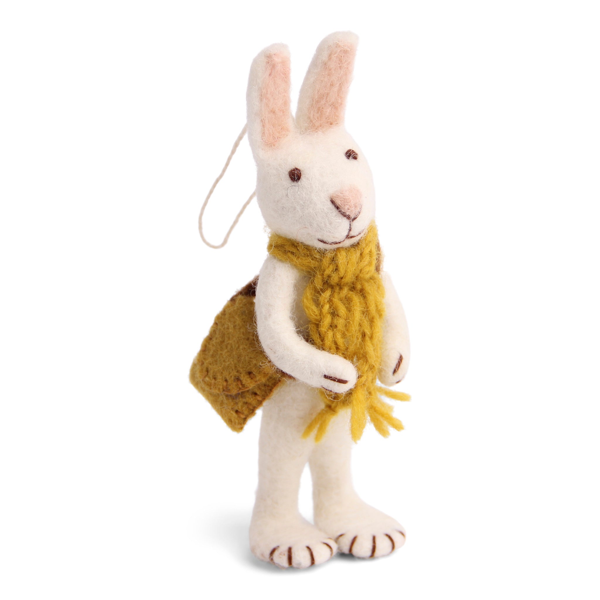 En Gry & Sif white sanding rabbit with knitted ochre scarf and bag