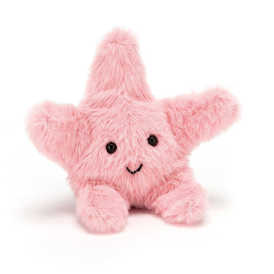 cute jellycat pink fluffy starfist with bead eyes and a big embroidered smile
