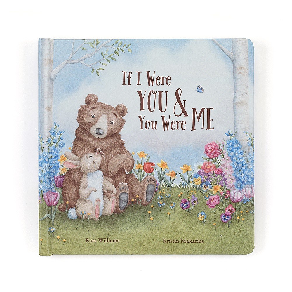 jellycat hardook cover of if i were you and you were me shows a bear and bunny sitting amongst flowers