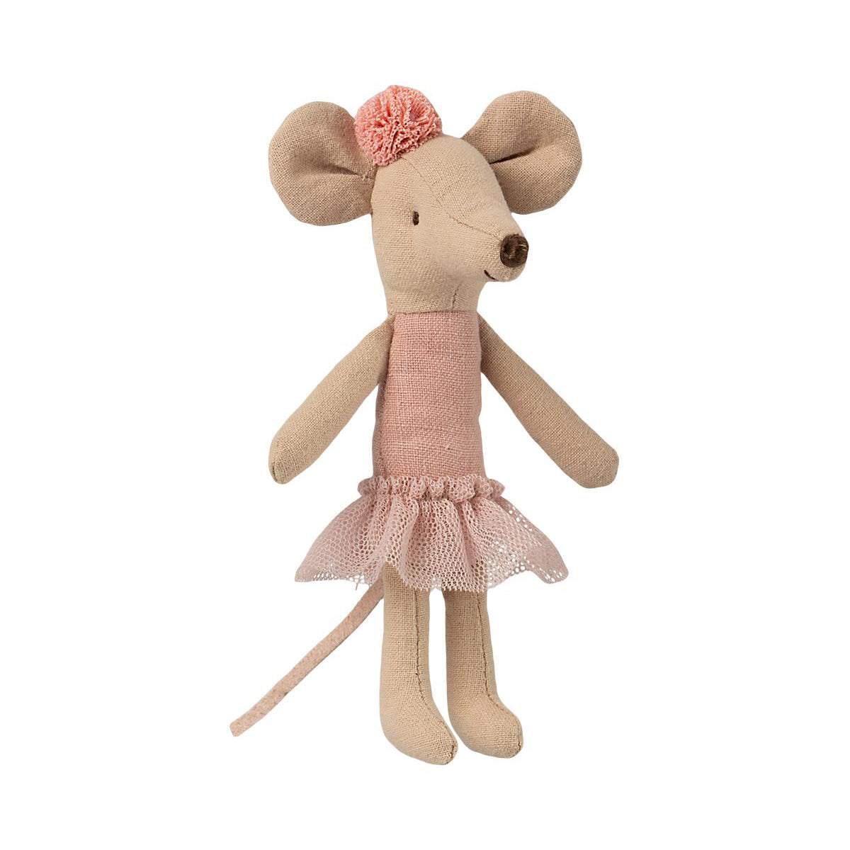 Maileg big sister soft toy ballerina mouse in a pink tutu with a pompom on her head