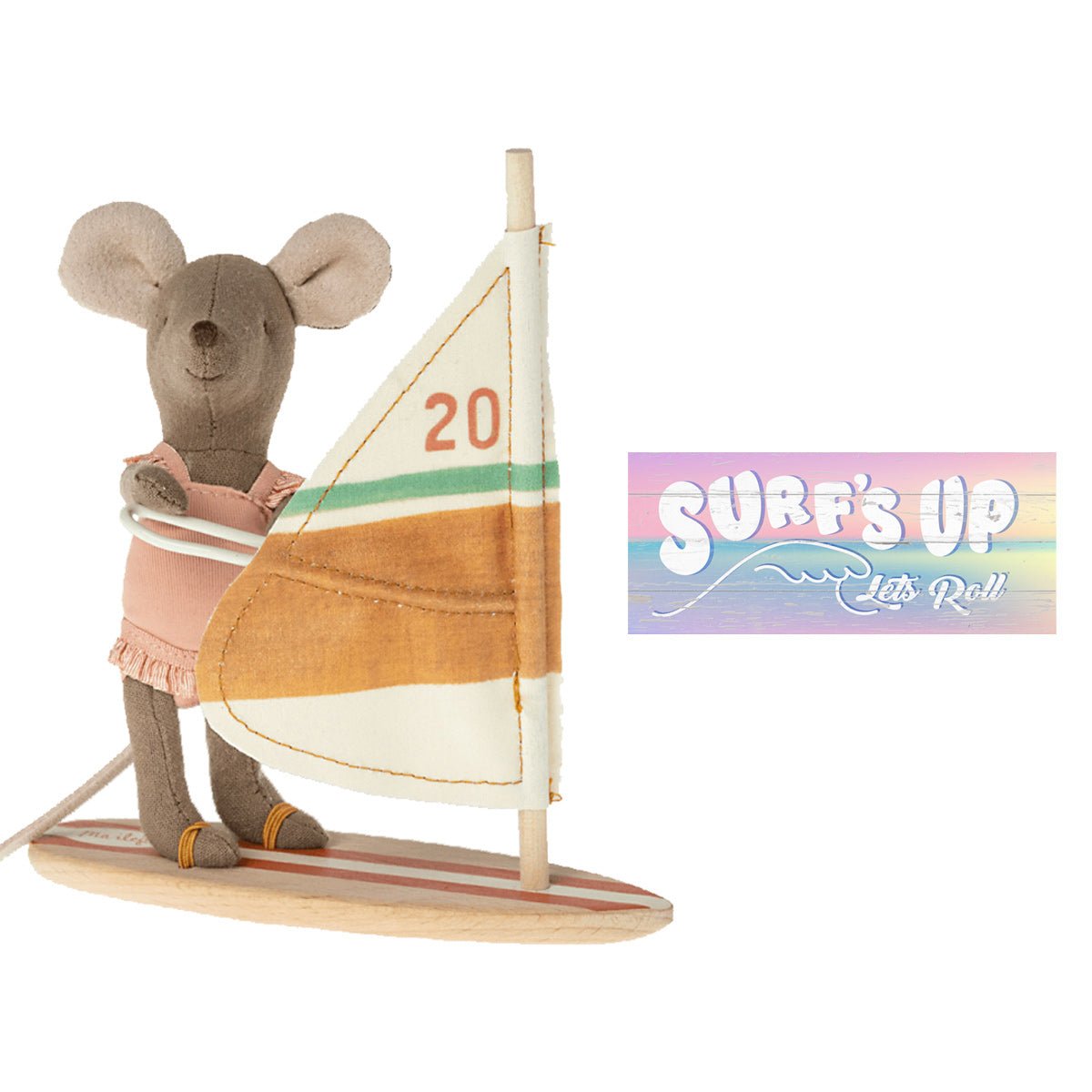 Maileg Beach Mice, Surfer Little Sister + Wooden Sign - I Want That Present