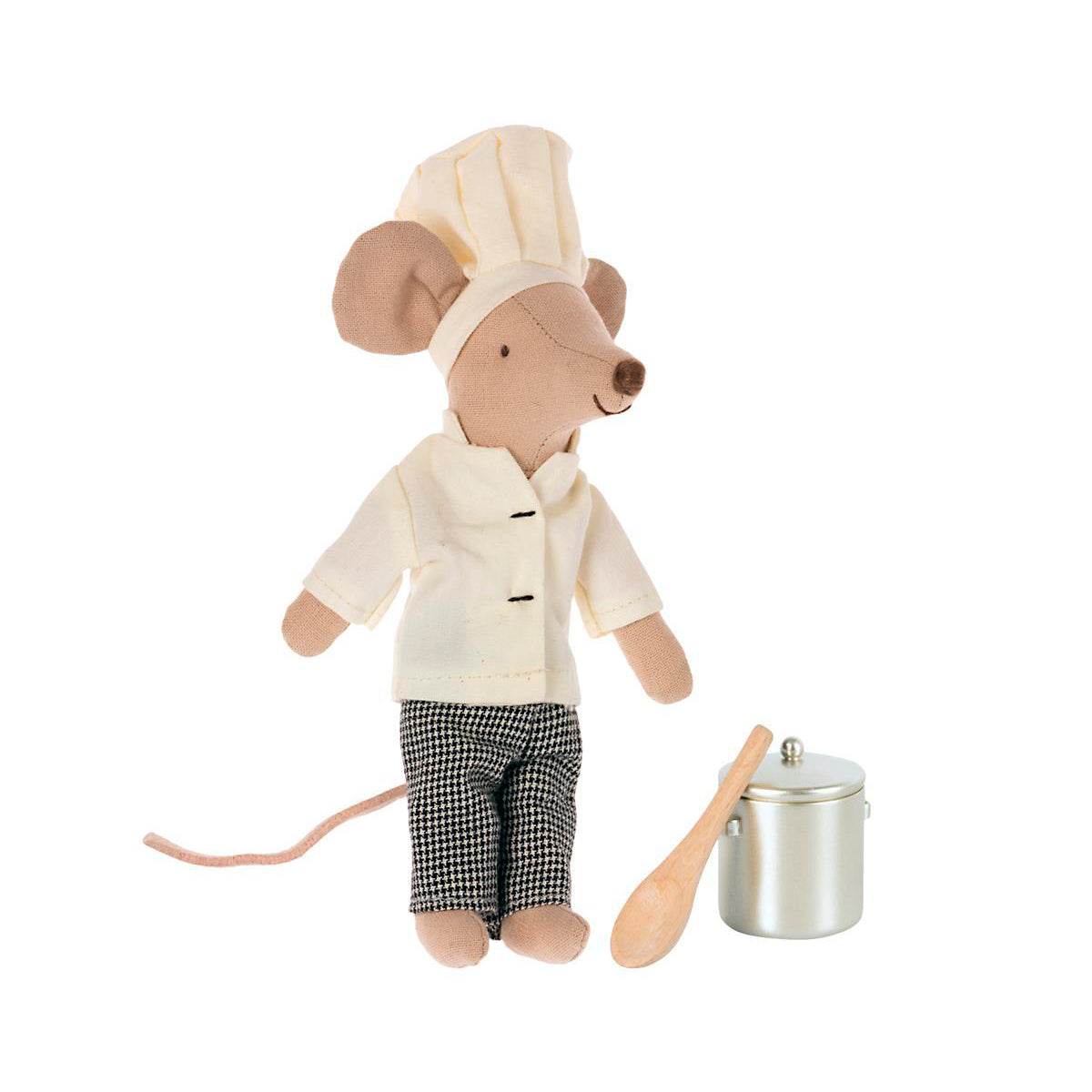 maileg chef mouse standing next to his cooking pot and wooden spoon