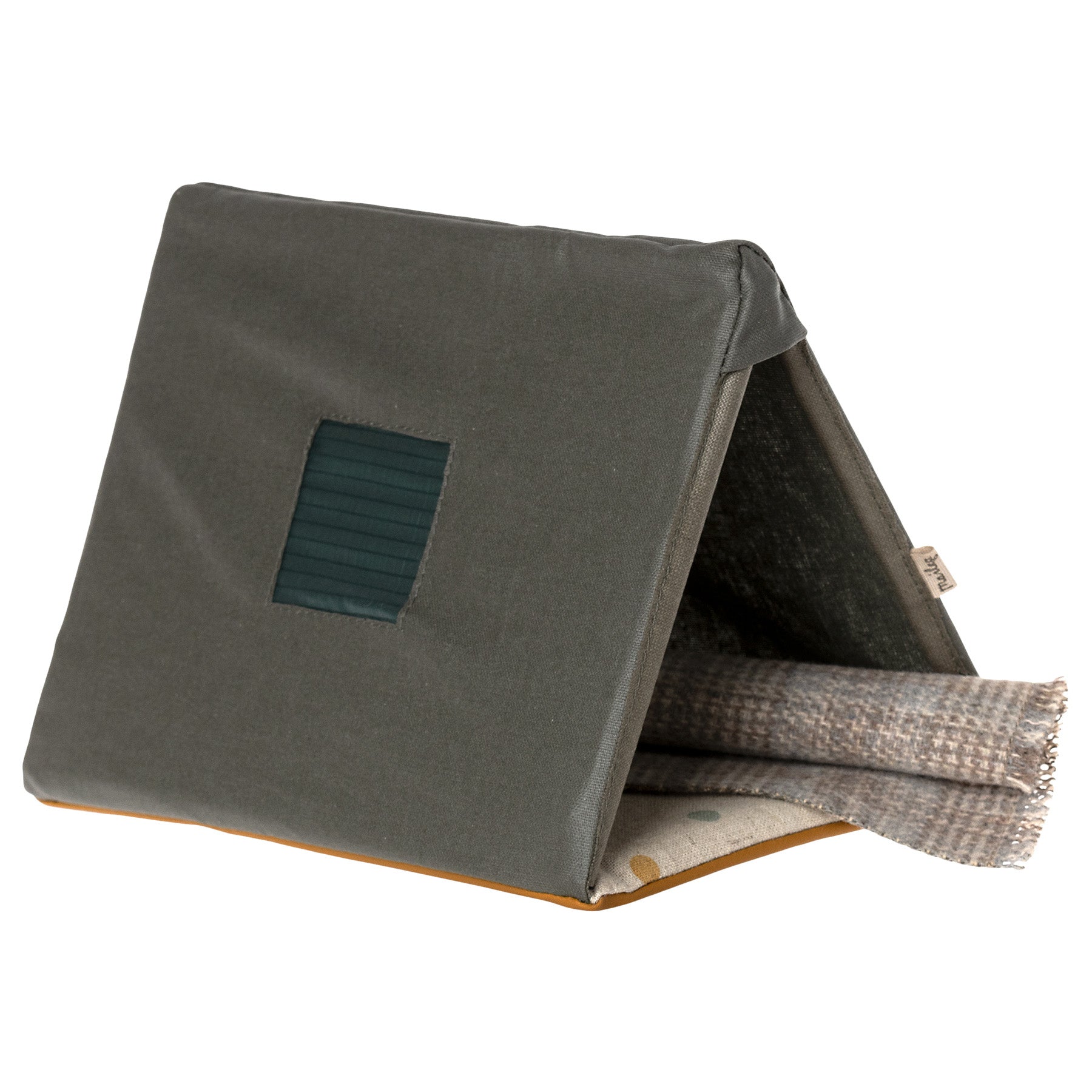 maileg single tent for mice with a rolled up blanket