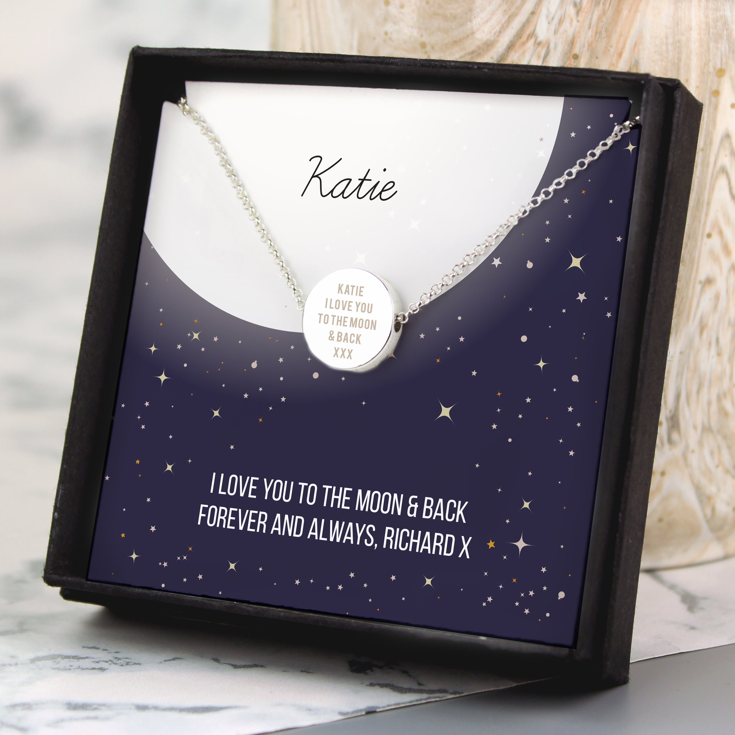 Personalised Sterling Silver Disc Necklace, Box & Sentiments Card