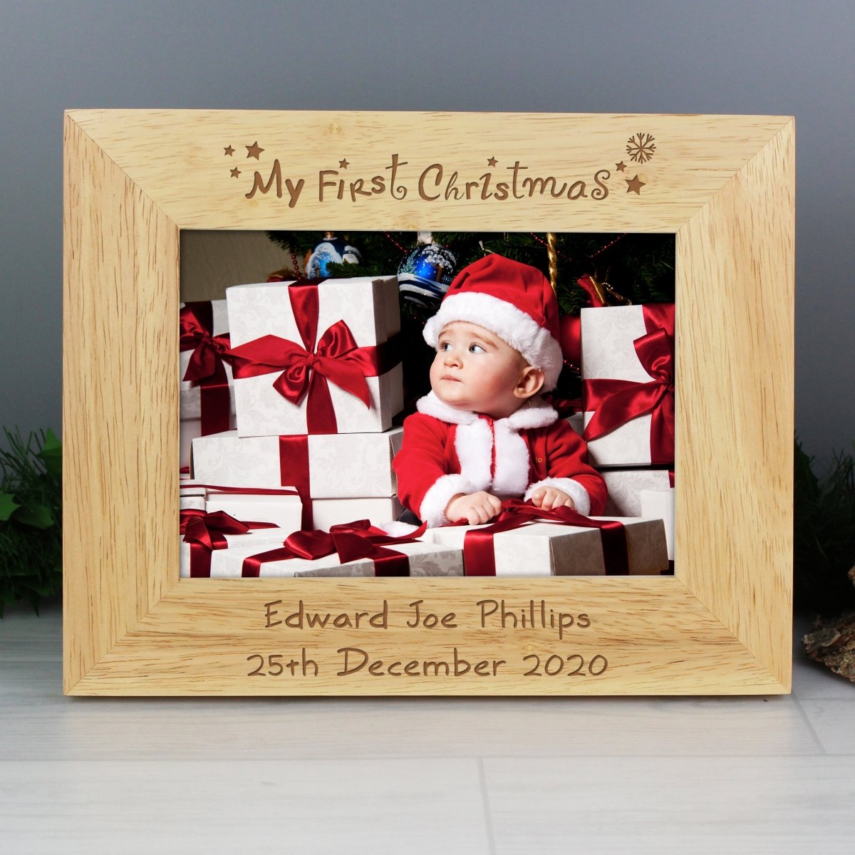 Personalised Oak Finish 'My First Christmas' Photo Frame - I Want That Present