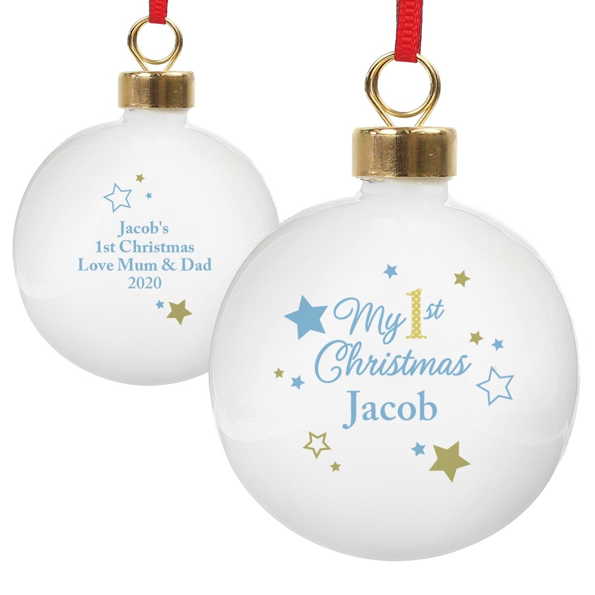 Personalised Gold & Blue Stars My 1st Christmas Bauble - I Want That Present