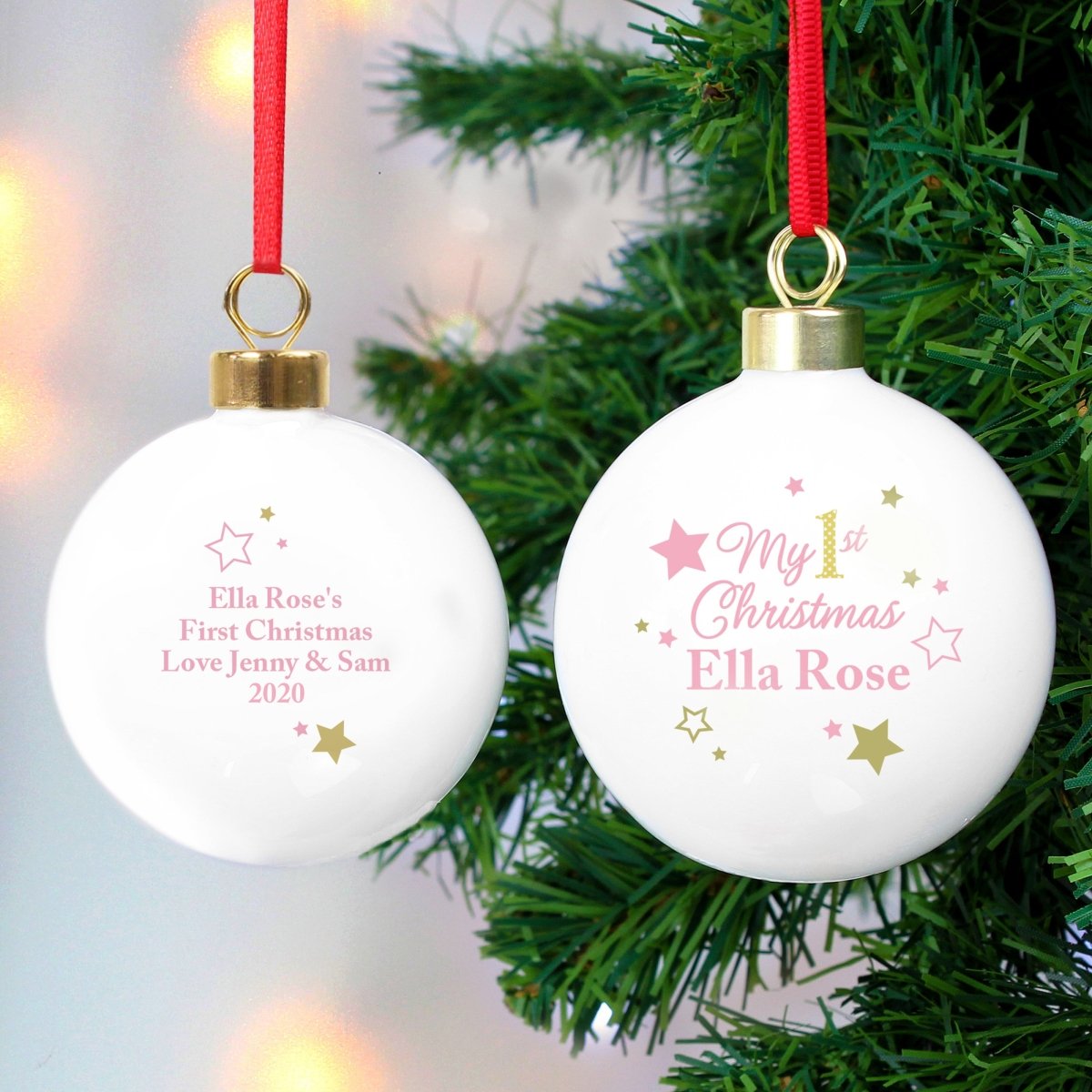 Personalised Gold & Pink Stars My 1st Christmas Bauble - I Want That Present