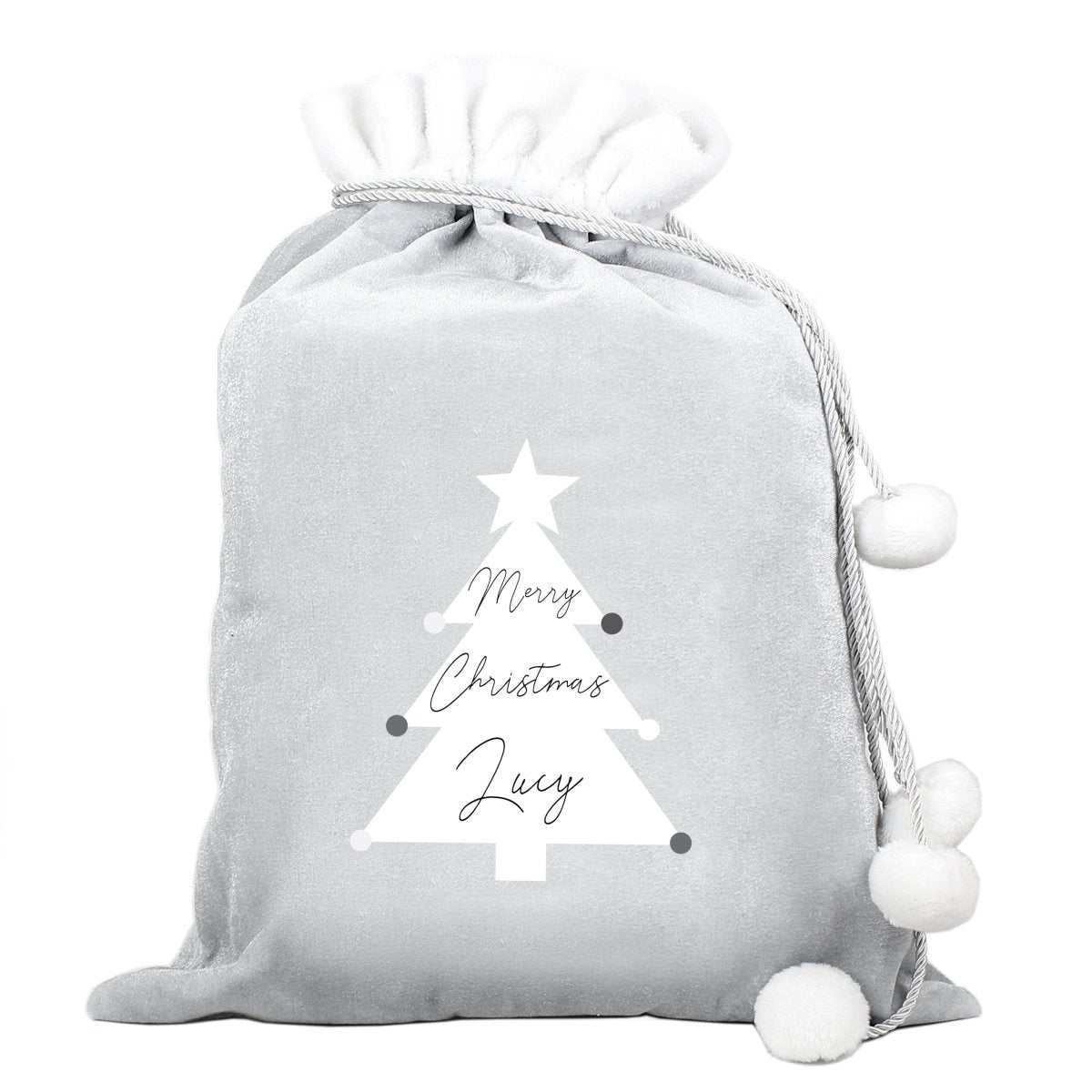 Personalised Christmas Tree Luxury Silver Grey Pom Pom Sack - I Want That Present