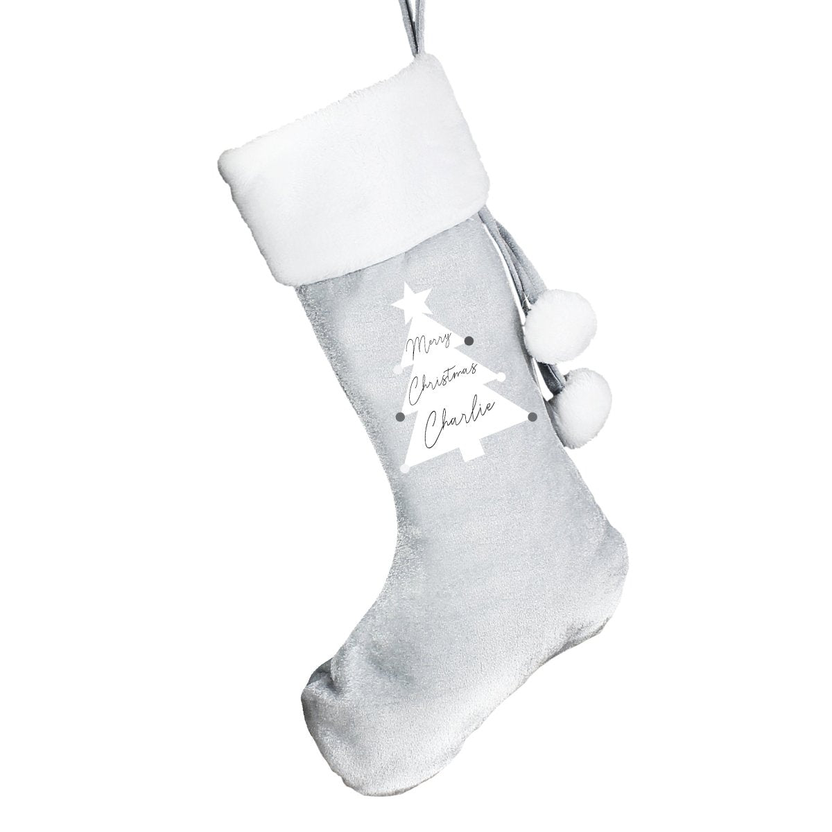 Personalised Christmas Tree Luxury Silver Grey Stocking - I Want That Present