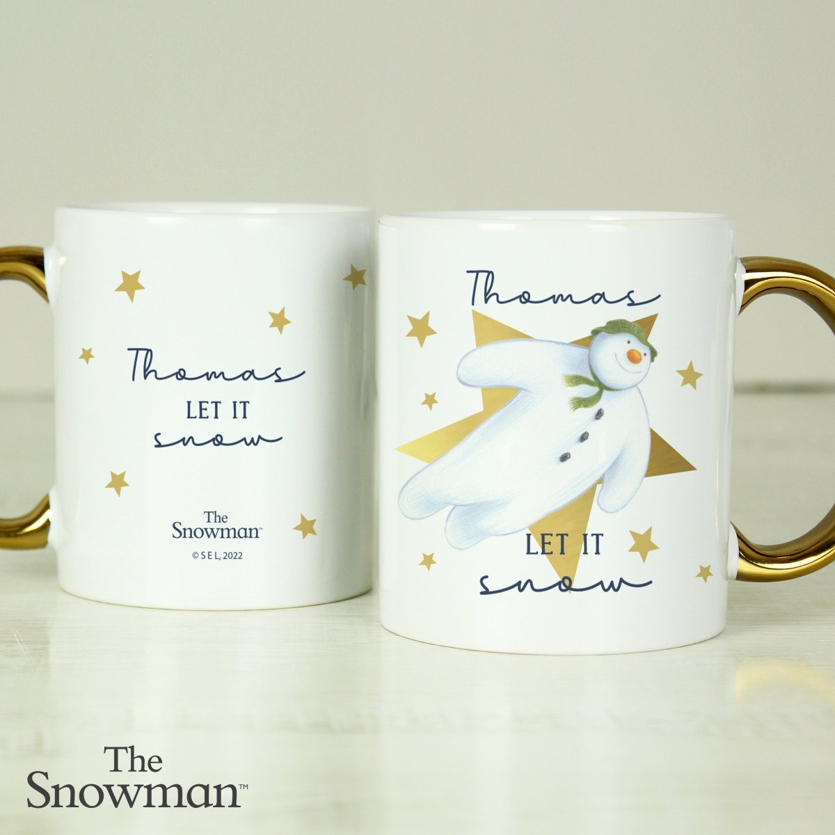 Personalised The Snowman Let it Snow Gold Handed Mug - I Want That Present