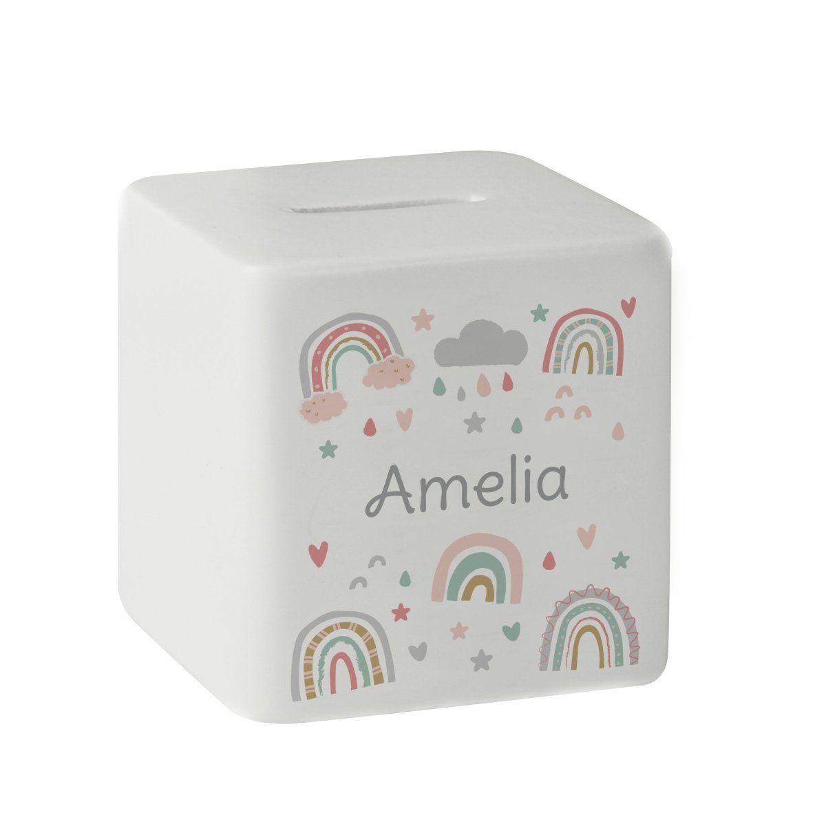 Personalised Rainbow Ceramic Square Moneybox - I Want That Present