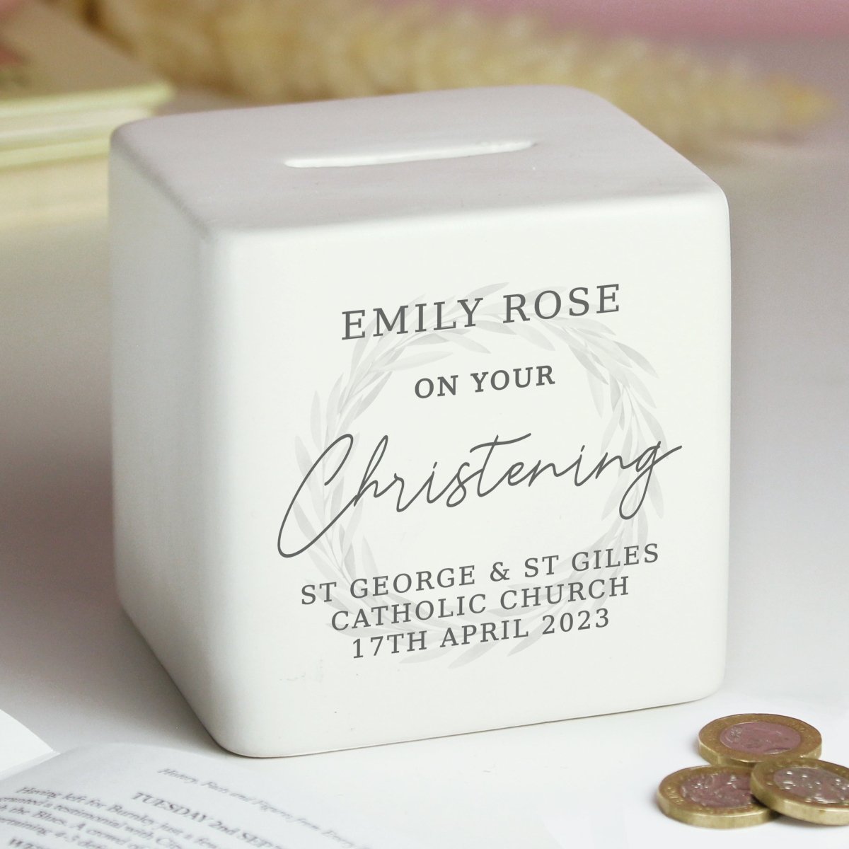Personalised Christening Ceramic Square Moneybox - I Want That Present