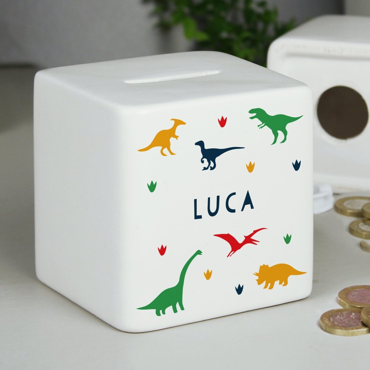 Personalised Dinosaur Ceramic Square Moneybox - I Want That Present