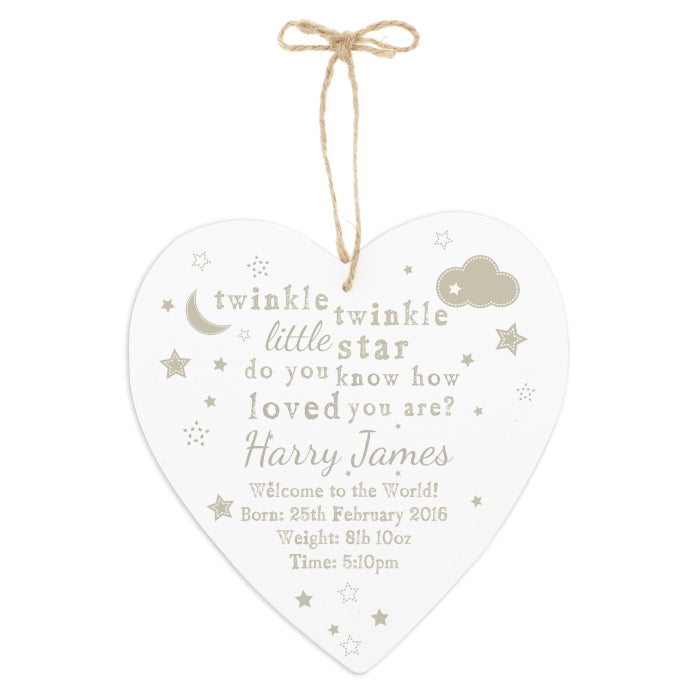 Personalised Twinkle Twinkle 22cm Large Wooden Heart Decoration
