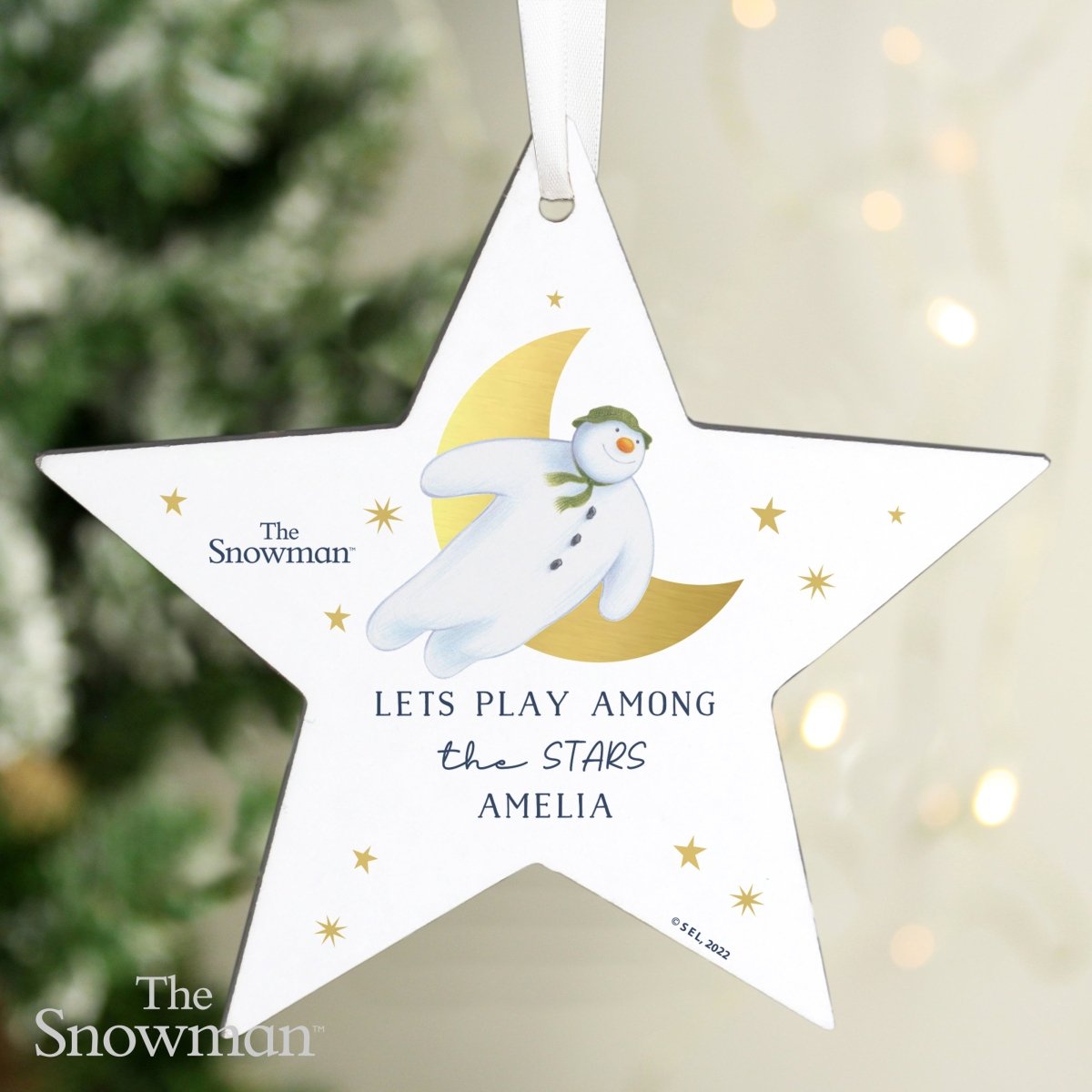 Personalised The Snowman Gold Moon Wooden Star Decoration - I Want That Present