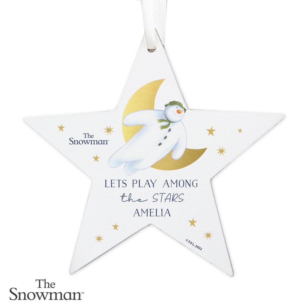 Personalised The Snowman Gold Moon Wooden Star Decoration - I Want That Present