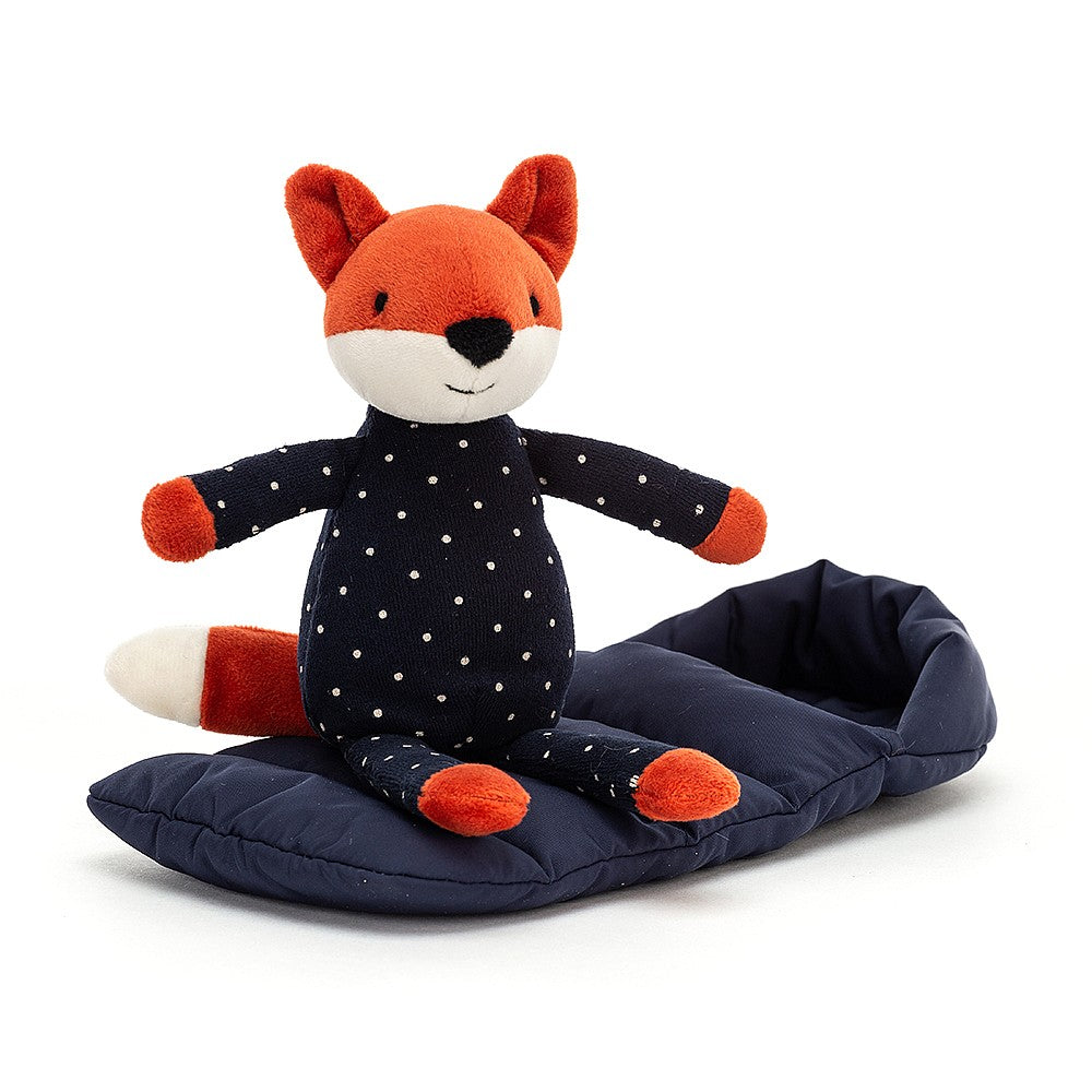 orange snuggler fox in navy dot pyjamas