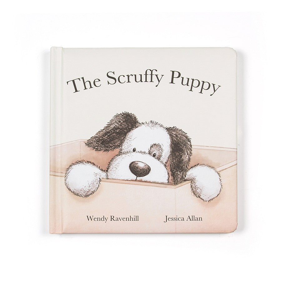 jellycat hardback scruffy puppy book with a cute little black and white puppy peeking out of a book 