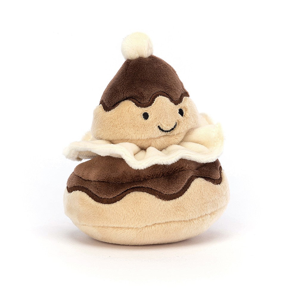 jellycat soft toy little chocolate topped cake with a smiley face