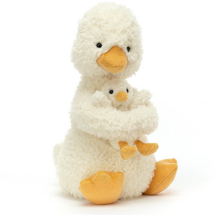 jellycat pale yellow duck holding a little duckling in their arms