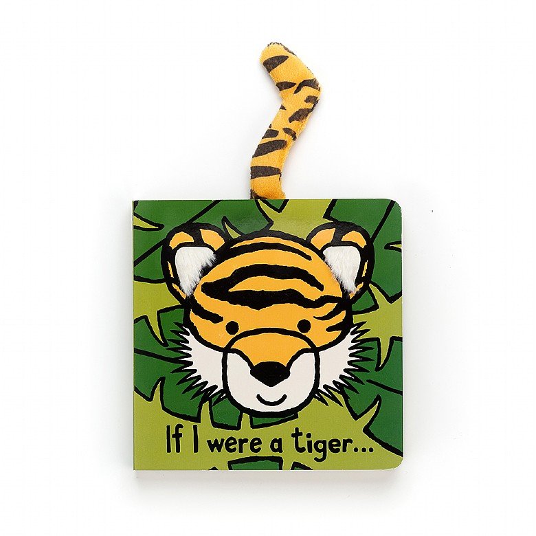 jellycat book cover of if i were a tiger shows a tiger face surrounded by leaves and a fur tail