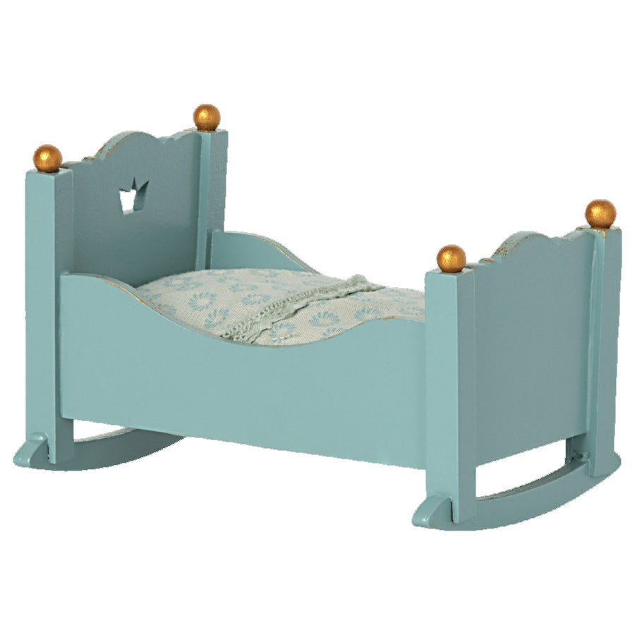 maileg baby mouse blue wooden miniature cradle with patterned bedding