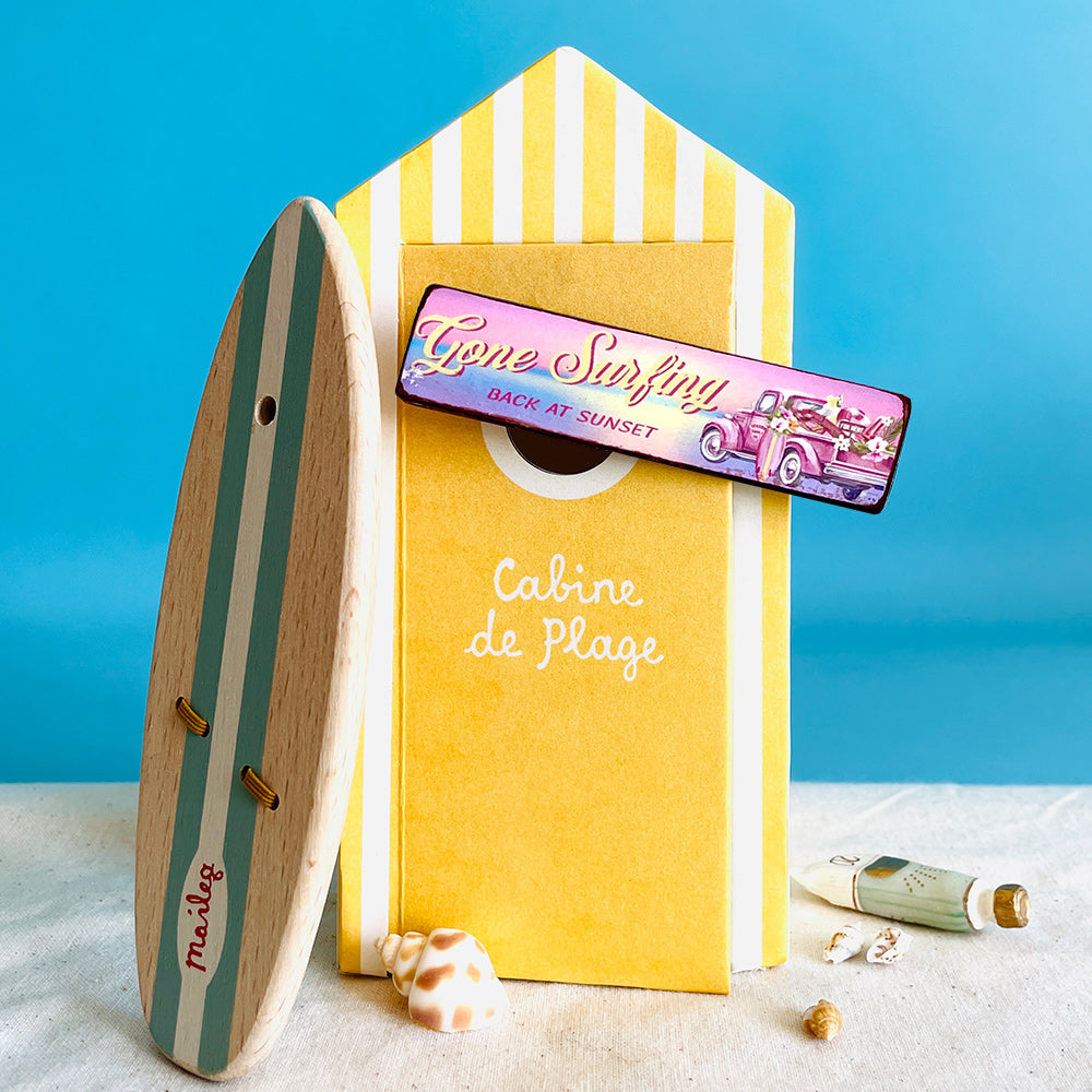 miniature wooden dolls house sign - gone surfing (pink)