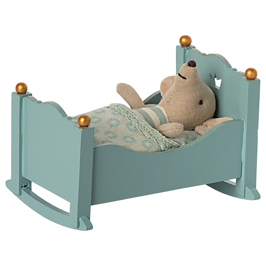 maileg baby mouse blue wooden miniature cradle with sleeping baby boy mouse soft toy
